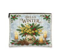 Hello Winter Floral Candle Quote Arrangement Makeup Bag 7x9 Inch | Yellow Floral Vase, Makeup Zipper Pouch, Pine Branches, Red Holly Berries, Lit Pillar Candles