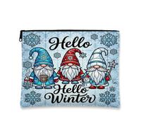 Hello Winter Gnome Quote Gnomes Makeup Bag 7x9 Inch | Snowflake Motif, Cosmetic Bag, Fanciful Gnome Illustration, Seasonal Quote, Cozy Winter Atmosphere