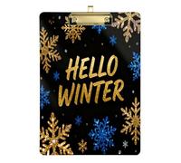 Hello Winter Gold Blue Snowflake A4 Binder clipboard Hard Board Pocket Size Nursing clipboard for Nurses Home Contractor Size 9 x 12