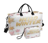 Hello Winter Gold Pink White Snowflake Decorative Travel Weekender Gear Bag Workout Bag with Toiletry for Travel Waterproof maletas para gimnasio