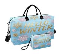 Hello Winter Gold Turquoise Snowflake Decorative Travel Overnight Carry on Bag Gym Carry on Duffel Bags with Adjustable Strap for Airplane Traveling Waterproof Bolsa para viaje en Avion