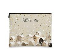 Hello Winter Makeup Bag, Beige Houses and Gold Dots Cosmetic Travel Pouch for Women, Portable Small Canvas Zipper Organizer, Holiday Skincare Toiletry Bag, Beige, 7x9 Inch, Winter