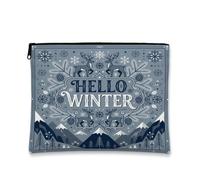 Hello Winter Reindeer Theme Makeup Bag 7x9 Inch | Nordic Pattern, Cosmetic Bag, Snowflake Motifs, Mountain Landscape, Seasonal Organization, Travel Accessory