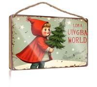 Hello Winter Sign A Child In A Red Hooded Cloak Holds A Small Christmas Tree. Fall Wall Decor Vintage Decor(20X30CM)