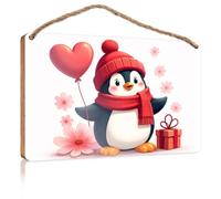 Hello Winter Sign A Cute Penguin With A Heart-shaped Balloon And Flowers. Fall Wall Decor Vintage Decor(15X28CM)