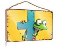 Hello Winter Sign Adventurous Frog Climbs Blue Cross On Yellow Background Wooded Sign Outdoor Signs For Porch Fall Office Decor(20X30CM)