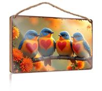 Hello Winter Sign Four Colorful Birds With Hearts On Their Chests Perched On A Bran Wooded Sign Outdoor Signs For Porch Fall Office Decor(23X35CM)