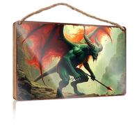 Hello Winter Sign Green Demon With Horns And Wings In Fiery Landscape Wooded Sign Outdoor Signs For Porch Fall Office Decor(15X28CM)