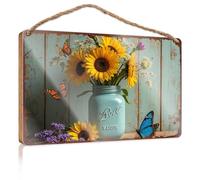 Hello Winter Sign Sunflower Bouquet With Butterflies In Vintage Mason Jar Wooded Sign Outdoor Signs For Porch Fall Office Decor(15X28CM)