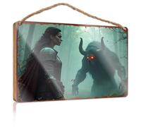 Hello Winter Sign Woman In Armor Faces Fiery-Eyed Monster In Misty Forest Wooded Sign Outdoor Signs For Porch Fall Office Decor(20X30CM)