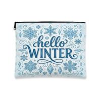Hello Winter Snowflake Quote Makeup Bag 7x9 Inch | Calligraphy Winter Quote, Cosmetic Bag, Icy Blue Snowflakes, Seasonal Charm, Organized Storage, Travel-ready Pouch