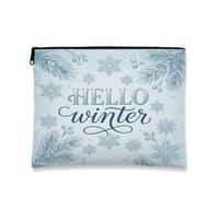 Hello Winter Snowflake Quote Makeup Bag 7x9 Inch | Pine Branch Accents, Makeup Zipper Pouch, Berry Sprigs, Elegant Calligraphy, Seasonal Home Decor, Compact Accessory Pouch