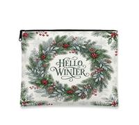 Hello Winter Wreath Quote Makeup Bag 7x9 Inch | Evergreen Branches, Makeup Zipper Pouch, Pinecones, Holly Berries, Seasonal Typography, Holiday Decor Aesthetic