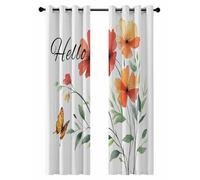 Hello Word Spring Orange Floral Summer Blackout Curtains for Bedroom Living Room, Green Leaf 84 In Long Thermal Insulated Room Darkening Drapes Grommet Window Treatments, 42 x 84 In
