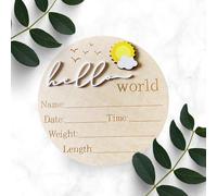 Hello World 3D Baby Announcement Wooden Disc - Sun & Cloud Newborn Keepsake Plaque - Gender Neutral Birth Stats Sign - for New Parents