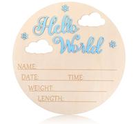 Hello World Baby Sign, 5.9 Inch Wooden Baby Announcement Sign with Blue Snowflake and White Clouds Decoration Birth Welcome Board for Newborn Boys Girls Photo Props Babies Shower Hospital Nursery