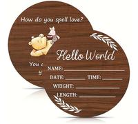 Hello World Baby Sign - Baby Announcement Ideas, Round Cowrie Name and Birth Plaques with Bear Design, Wooden Birth Announcement Newborn for Hospital Photo Prop Cowrie Shower, Wooden Name Plaques