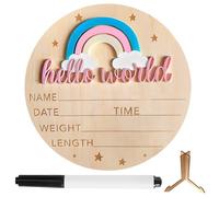 Hello World Baby Sign, Rainbows Wood Baby Announcement Sign, Baby Birth Announcement Board, Newborn Welcome Baby Name Plaque Ideal for Nursery Hospital Home Decoration (Girl)