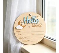 Hello World Birth Sign Milestone Marker for Photo Prop Decor (blue) | Photography Props Double-Sided Name Date Time Weight Length Board