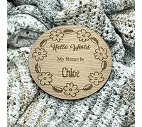 Hello World My Name Is Personalised Wooden Birth Announcement New Baby Name Disc Plaque Sign New born Gift, Oak 001