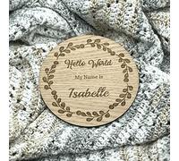 Hello World My Name Is Personalised Wooden Birth Announcement New Baby Name Disc Plaque Sign New born Gift, Oak 002