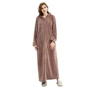 Hellomamma Long Hooded Zipper Bathrobe for Womens Flannel Fleece Robes Winter Warm Housecoat Nightgown Sleepwear Pajamas, Coffee, L-x-L