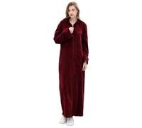 Hellomamma Long Hooded Zipper Bathrobe for Womens Flannel Fleece Robes Winter Warm Housecoat Nightgown Sleepwear Pajamas - Red - Small/Medium