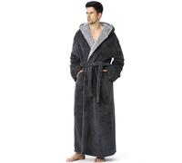 Hellomamma Mens Long Robes with Hood Full Length Hooded Bathrobe Fleece Plush Fluffy Housecoat Nightgown, Grey-02, Large