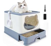 HelloMiao Fully Enclosed Cat Litter Tray with Lid, Foldable Extra Large Cat Toilet, Drawer Type Litter Box with Plastic Scoop Suitable for Cats Under 17.6Ib(8kg) (whitegray)