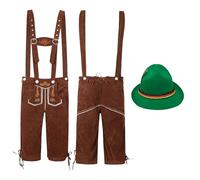 HELLORSOON Bavarianland Oktoberfest Mens Lederhosen, Costume, Brown with Lederhosen, Shirt & Hat, Funny Fancy Dress, Bavarian Man Costume Mens Oktoberfest Outfit Girls Men's Shorts