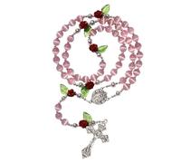 HELLOWIN 8mm White Cat's Eye Beads Catholic Rosary Necklace with Coral Rose Glory Beads in Virgin Mary PU Leather Bag for Women, Regular Size, Glass Cat's Eye Glass, No Gemstone