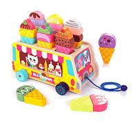 HELLOWOOD Ice Cream Truck Age 3+, 28 pcs Magnetic Ice Cream Toys, Wooden Pull Toy, Montessori Pretend Play Food, Multi-color, Age 2-5