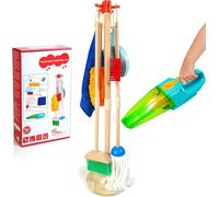 HELLOWOOD Kids Cleaning Set with Electric Vacuum Cleaners, Kids Vacuum Cleaner Set for Toddlers, Wooden Pretend Pole Play Toys for 3 Year Old+, Birthday