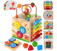 HELLOWOOD Wooden Activity Cube Baby Toys, 8-in-1 Montessori Toy Set