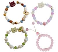 Helloyards 4pcs Kitty Bracelet Ceramics Material Elastic Friendship Bracelets Kawaii Pink Handmade Bracelets for Women, One Size, Ceramic, ceramics