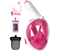 HELLOYEE Snorkel Mask 180° Panoramic View Breathe Free For Adults And Kids, Snorkeling Mask Full Face Anti-Fog Anti-Leak Design With Detachable Camera Mount (Foldable Pink, XS)