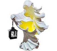 Hells Messenger with Lantern, Cracker Barrel Ghost with Lantern, LED Halloween Ghost Statue, Realistic Resin Scary Ghost Sculpture Figure, Halloween Lantern Decor for Home Room Desk Garden (White)
