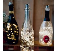 Hellum Bottle Lights with Cork, Set of 3, 3x20 LED Warm White Micro Fairy String for Wine Bottles, Battery Operated, 4h Timer, Silver Copper Wire 1.9m, Metal Cork, Indoor Decorative Lighting 524451