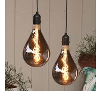 Hellum Hanging lamp with Battery and Remote Control Outdoor Set of 2, A130 Ø 13cm, Smoky Light Bulb with Battery, dimmable Retro Hanging lamp Battery (8xAA not Included) 151466