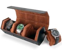 HELMDY Watch Roll Case for Men & Women, 3 Slots Watch Box Organizer Display Case, Hexagon Watch Storage for 3 Watches, Portable Travel Watch Case PU Leather Watch Box (Black/Brown)