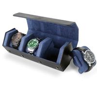 HELMDY Watch Roll Case for Men & Women, 3 Slots Watch Box Organizer Display Case, Hexagon Watch Storage for 3 Watches, Portable Travel Watch Case PU Leather Watch Box (Black/Blue)