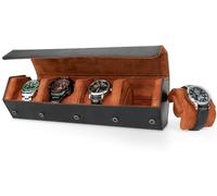 HELMDY Watch Roll Case for Men & Women, 4 Slots Watch Box Organizer Display Case, Hexagon Watch Storage for 4 Watches, Portable Travel Watch Case PU Leather Watch Box (Black/Brown)