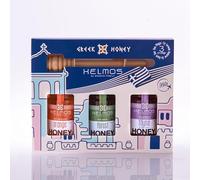 Helmos Greek Honey Gift Set - Collection of 3 Premium Honeys (Orange Blossom, Thyme & Forest, 3 x 120g) with Wooden Dipper