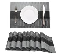 HeloHo Black Grey Stripe Placemats Set of 8, Heat-Resistant Washable Placemats Non-Slip Vinyl Woven Table Mats Wipeable Placemat for Kitchen Dining Table Decoration Indoor Outdoor