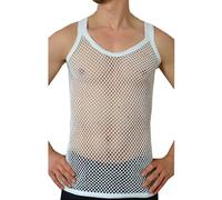 HeLovesWearing Unisex Cotton Summer String Mesh Fitted Fishnet Muscle Vest Tank Top Vest (White, XL)