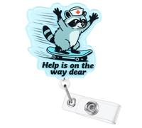 Help is on The Way Funny Raccoon Badge Reel | Retractable ID Card Badge Holder | Cute Skating Raccoon Badge Clip for RN LPN CNA MA ER Night Shift Nurse Doctor | Nurse Gifts | Acrylic｜Alligator Clip