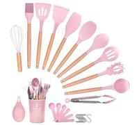 Helterfolg Silicone Kitchen Utensils Set with Wood Handle, 29PCS Kitchen Silicone Utensils Set with Holder, Non-Stick, Heat Resistant Kitchen Gadgets Utensil Set(Pink)