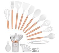 Helterfolg Silicone Kitchen Utensils Set with Wood Handle, 29PCS Kitchen Silicone Utensils Set with Holder, Non-Stick, Heat Resistant Kitchen Gadgets Utensil Set(White)
