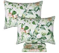 Helthep Green Floral Sheet Set Queen, 100% Cotton Pink Flower Printed Sheets Green Leaves Pattern Sheets Botanical Shabby White Floral Sheet with 17.5" Deep Pocket, Crispy Percale Bedding Set