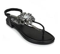 Heltid Women's Rhinestone Thong Flat Sandals T-Strap Flower Boho Wedding Elegant Sandals, black, 7 UK